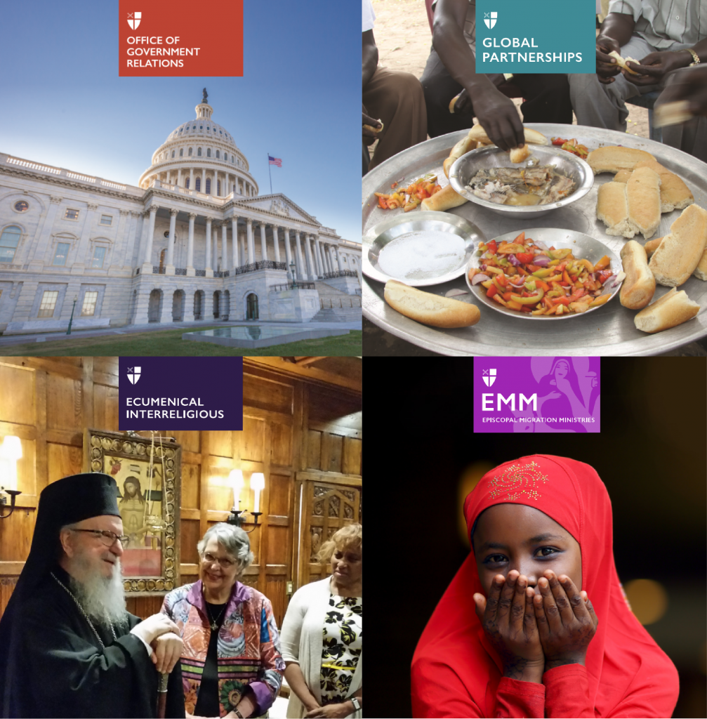 Four pictures in one square, upper left is Office of Government relations picture of Capitol building, upper right is Global partnerships picture of large silver plate of food, lower left is ecumenical interreligious pciture of three people smiling, lower right is episcopal migration ministries picture with girl in red hijab iwth her hands covering her mouth